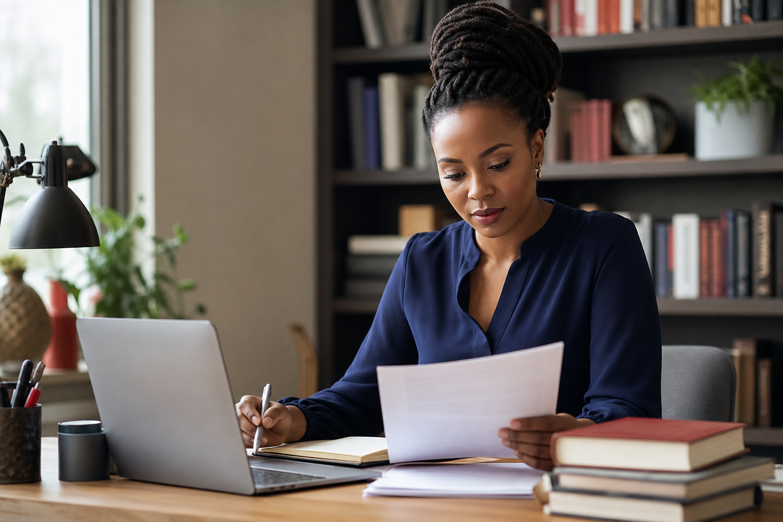 Professional writer reviewing research notes at a desk